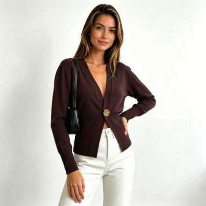 Women's Cropped V-Neck Single Button Fitted Cardigan