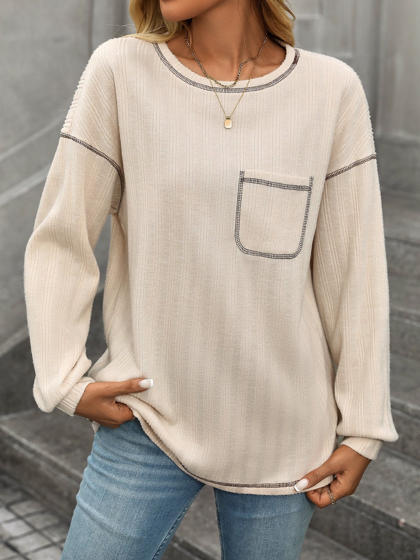 Apricot Ribbed Brushed Knit Long Sleeve Top with Pocket