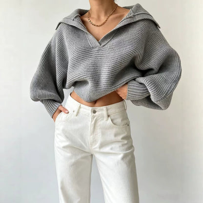 Chunky Knit Collared Balloon Sleeve Sweater