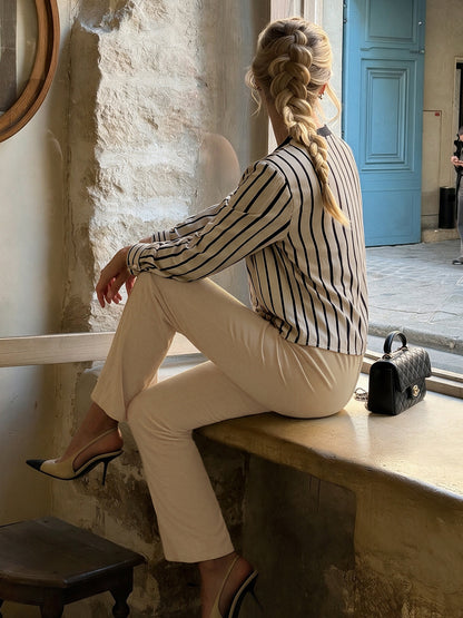 Women Striped Workwear Set Long Sleeve Top Flare Pants