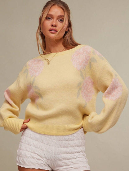 Women's Oversized Floral Crew Neck Knit Sweater