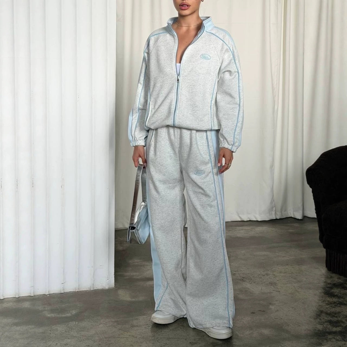 Y2K Colorblock Track Jacket Wide Leg Pants Set
