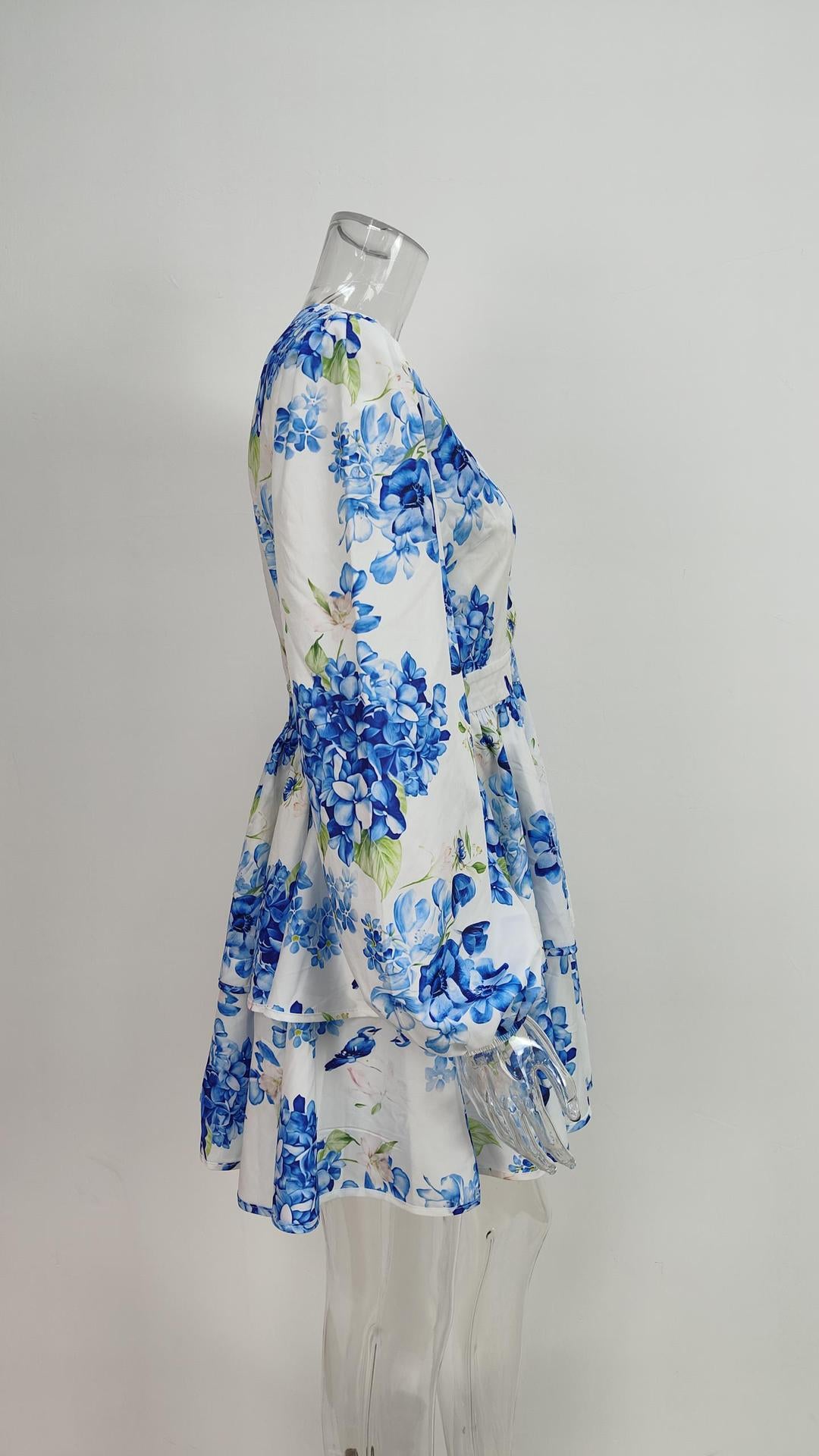 Floral V-Neck Puff Sleeve Ruffle Mini Dress