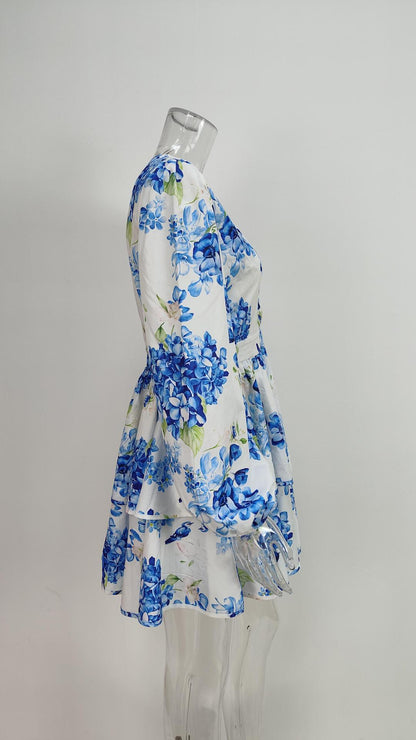 Floral V-Neck Puff Sleeve Ruffle Mini Dress