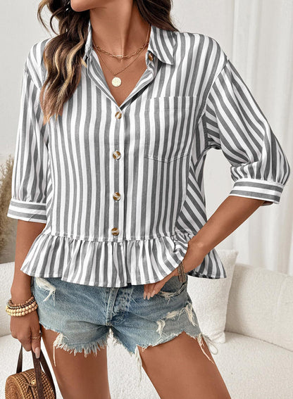 Striped Button Down Ruffle Hem 3/4 Sleeve Blouse