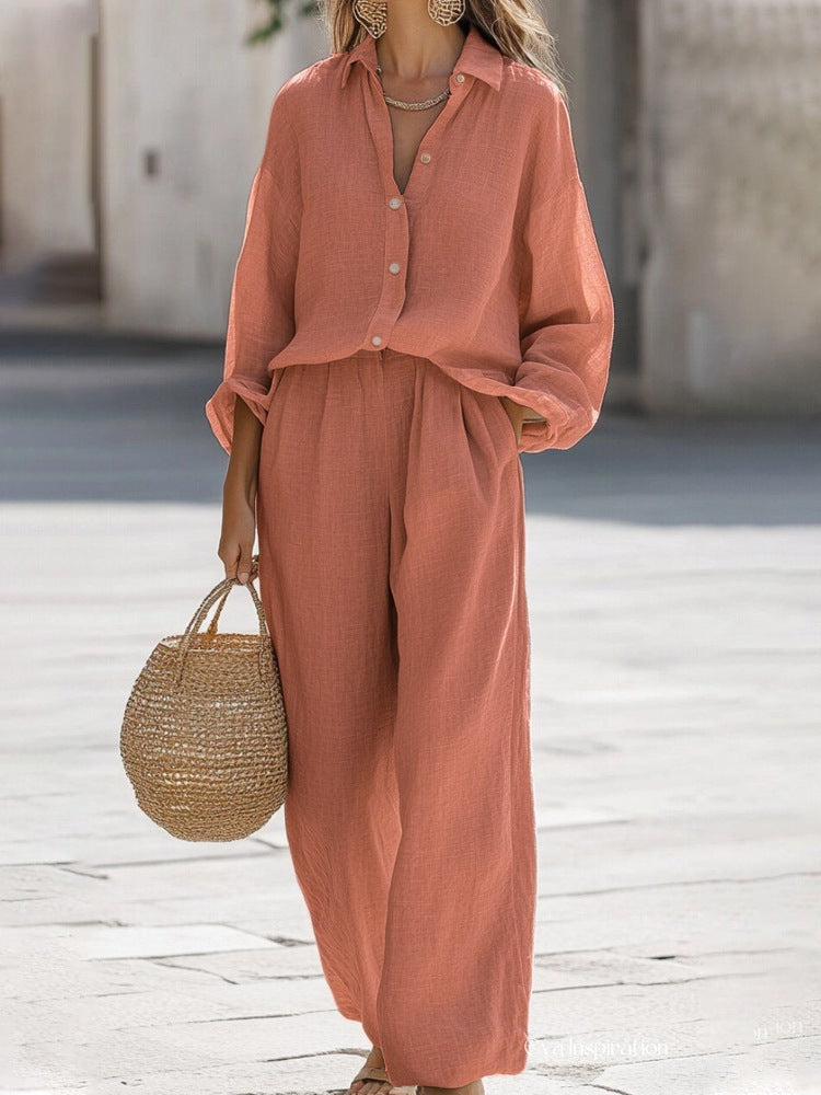 Women's 2 Piece Button Down Shirt & Wide Leg Pants Set