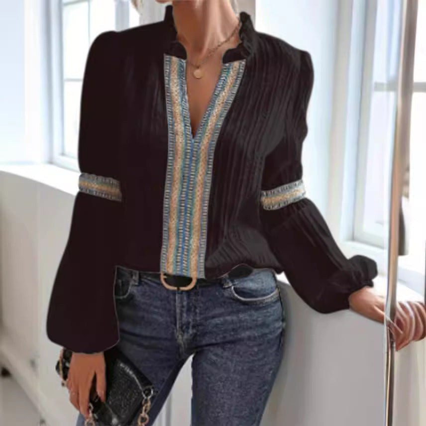 Boho Embroidered V Neck Lantern Sleeve Blouse