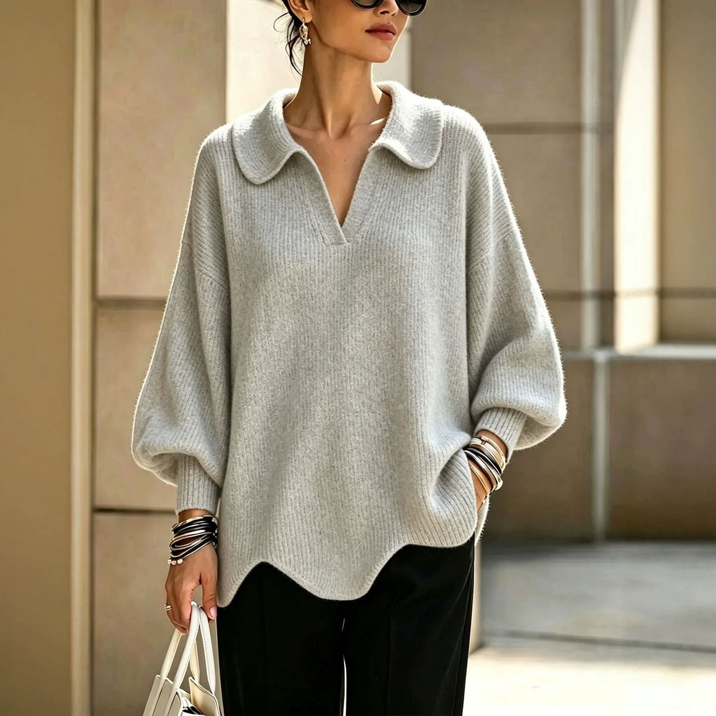 Women's Oversized Collared V-Neck Balloon Sleeve Sweater