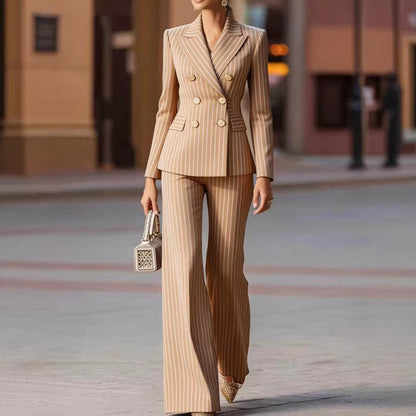 Women's Pinstripe Blazer Wide Leg Pant Suit Set