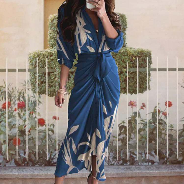 Women's V Neck Tie Front Long Sleeve Maxi Dress