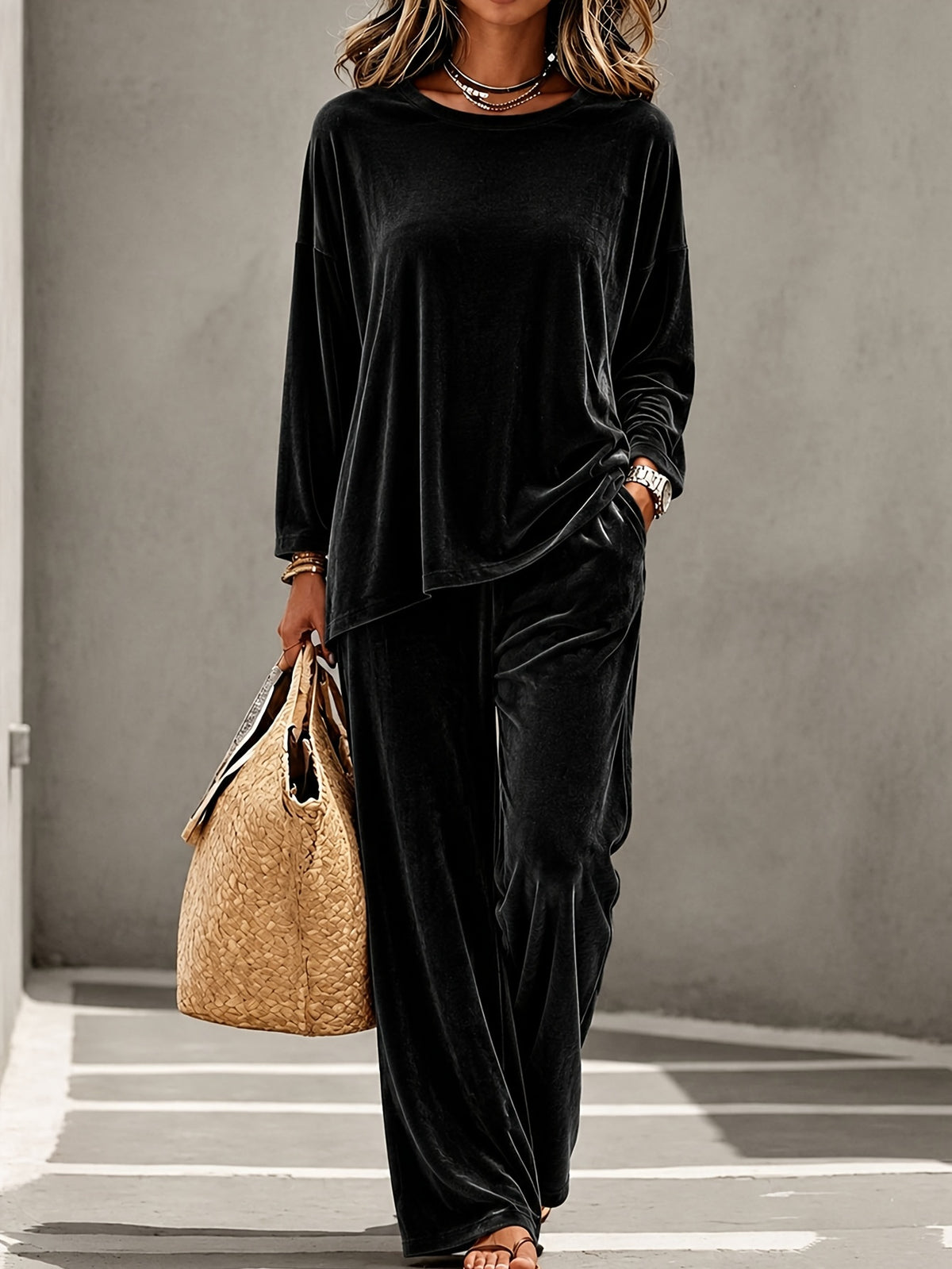 Velvet Two Piece Set Women Wide Leg Pants Lounge Wear