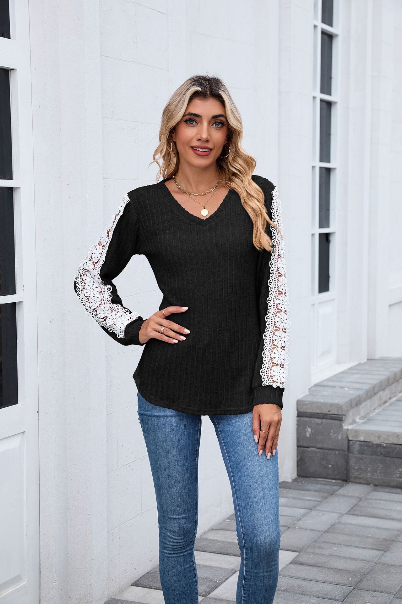 Women's V Neck Lace Long Sleeve Tunic Top