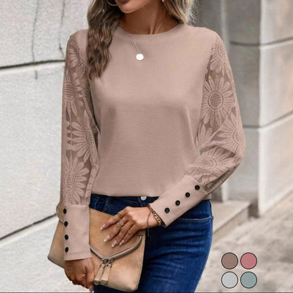 Women's Waffle Knit Lace Sleeve Top Button Cuff