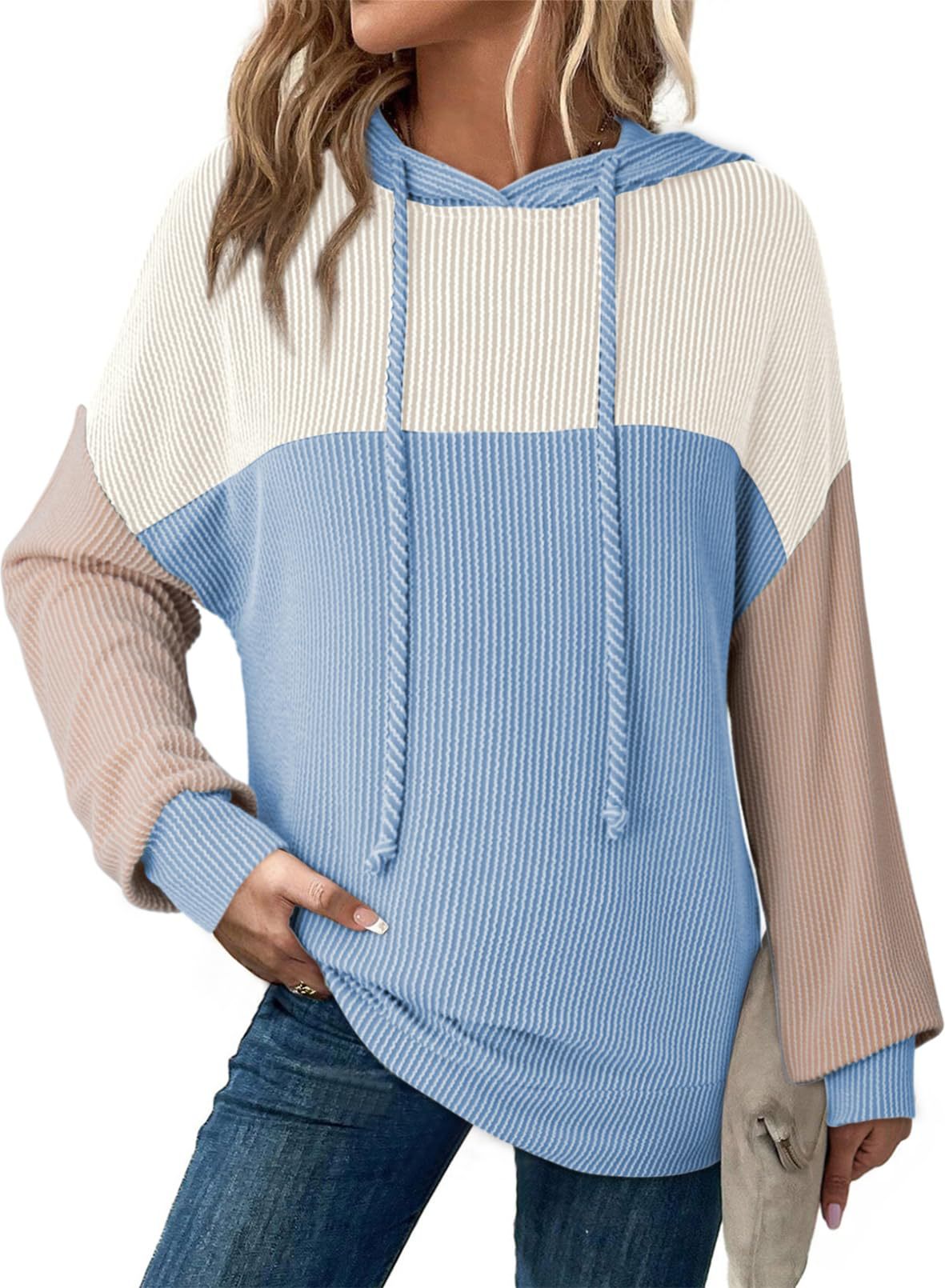 Color Block Ribbed Knit Hoodie Long Sleeve Sweatshirt