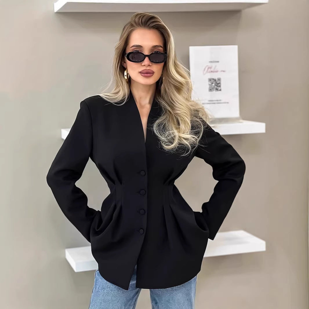 Women's Tailored V-Neck Cinched Waist Blazer Jacket