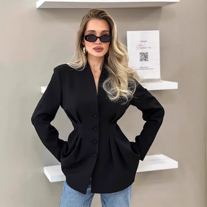 Women's Tailored V-Neck Cinched Waist Blazer Jacket
