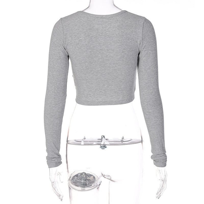 Women's Ribbed Button Front Crop Top Long Sleeve Fitted