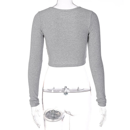 Women's Ribbed Button Front Crop Top Long Sleeve Fitted