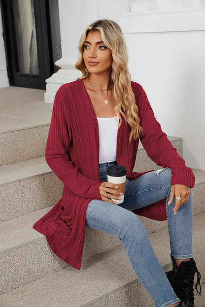 Women's Long Sleeve Ribbed Open Front Cardigan Pockets