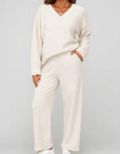 Women's V Neck Knit Two Piece Lounge Set Wide Leg Pants