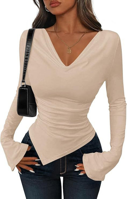 Women's Cowl Neck Long Sleeve Asymmetric Fitted Top