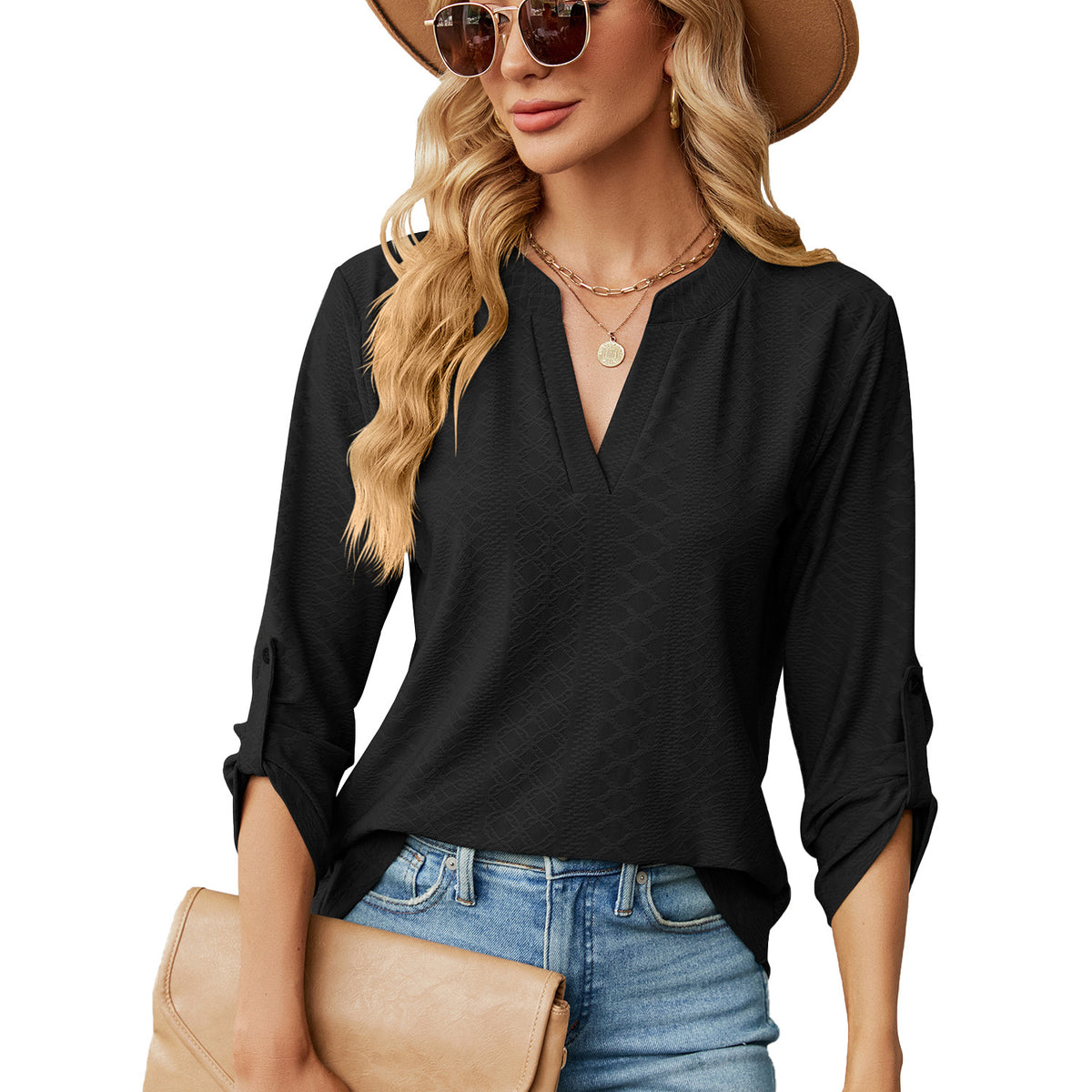 Womens V Neck 3/4 Sleeve Button Loose Tunic Top