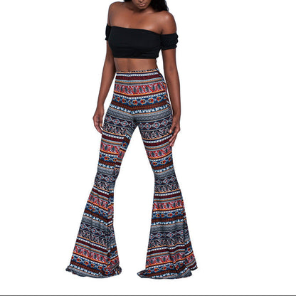 Women's Boho Printed Stretch Flare Pants Bell Bottoms