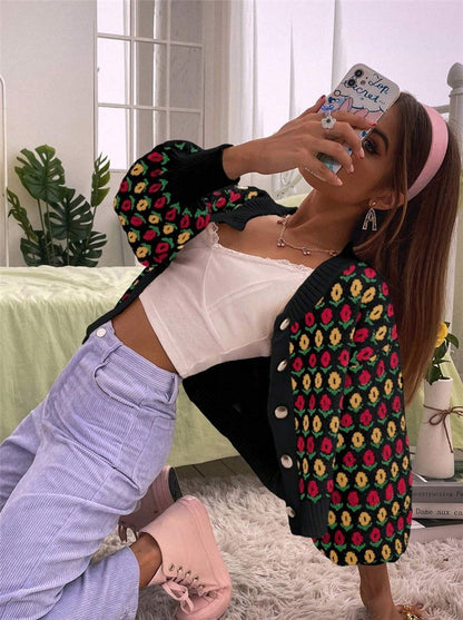Women's Floral Button Front Crop Cardigan Sweater
