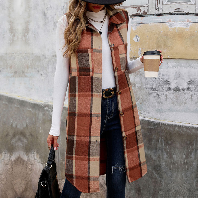 Vintage Plaid Sleeveless Lapel Vest Cardigan for Women