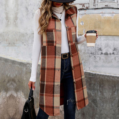 Vintage Plaid Sleeveless Lapel Vest Cardigan for Women
