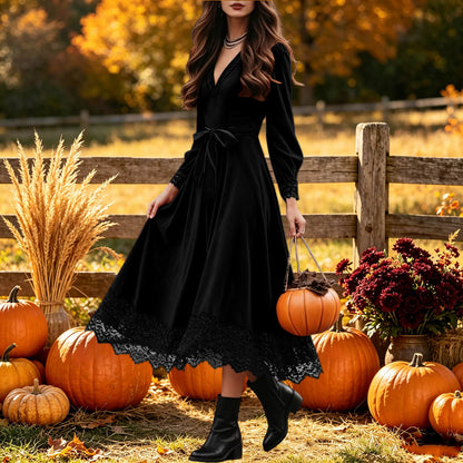 Velvet Maxi Dress V-Neck Lace Trim Puff Sleeve Flowy