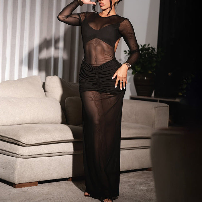 Sexy Sheer Mesh Cutout Maxi Dress Long Sleeve Bodycon