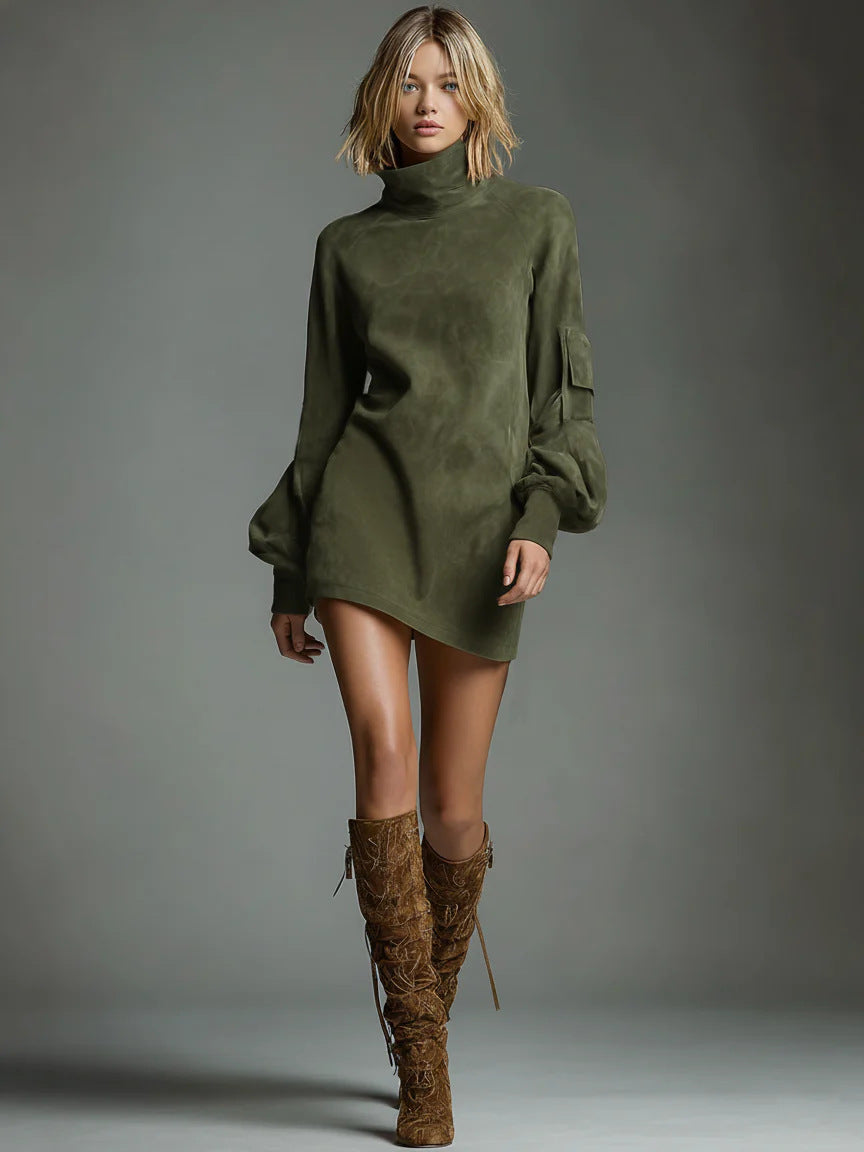 Suede Mock Neck Long Sleeve Mini Dress with Pockets