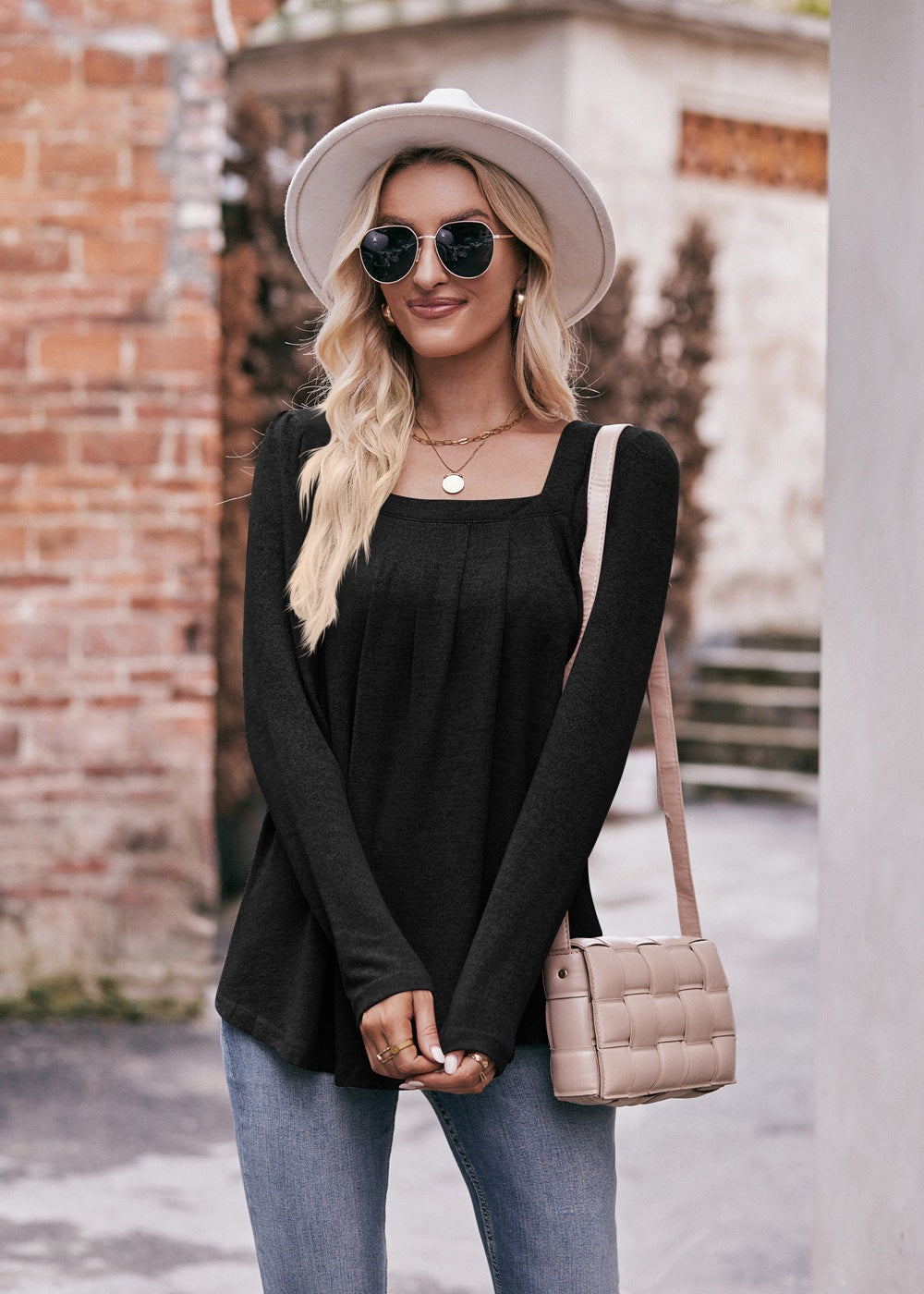 Square Neck Pleated Long Sleeve Top for Women