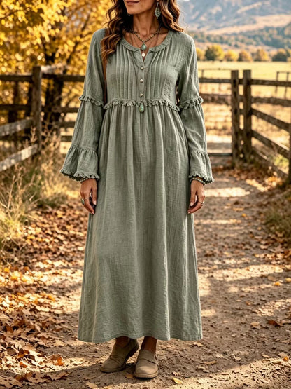 Women's Ruffle Maxi Dress V Neck Button Long Sleeve Boho