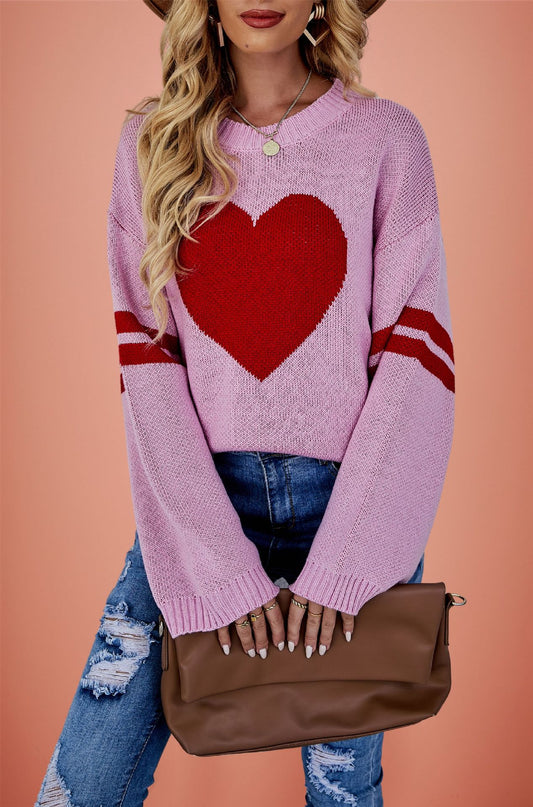 Pink Heart Contrast Knit Sweater Womens Valentine Pullover