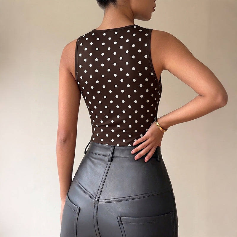 Polka Dot Bodysuit Halter Cowl Neck Slim Fit Top