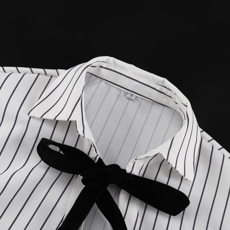 Women's Striped Bow Tie Long Sleeve Shirt Blouse