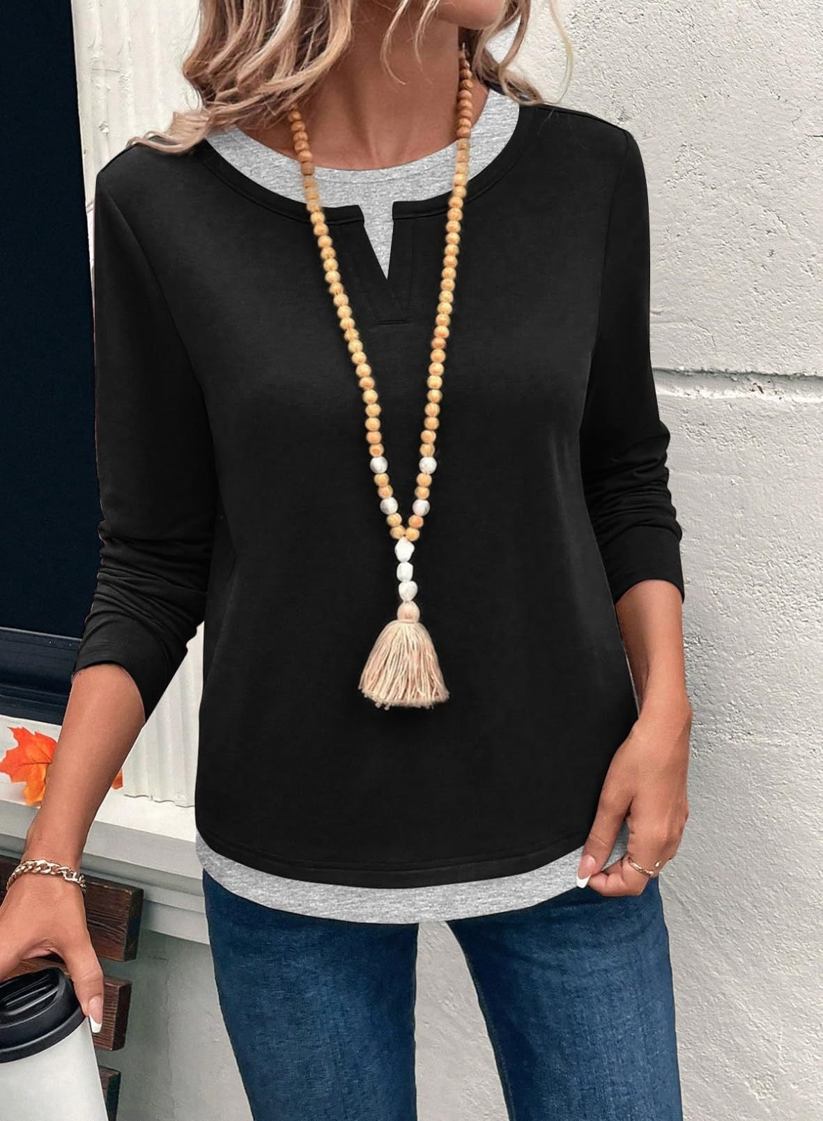 Color block layered look top split neck long sleeve