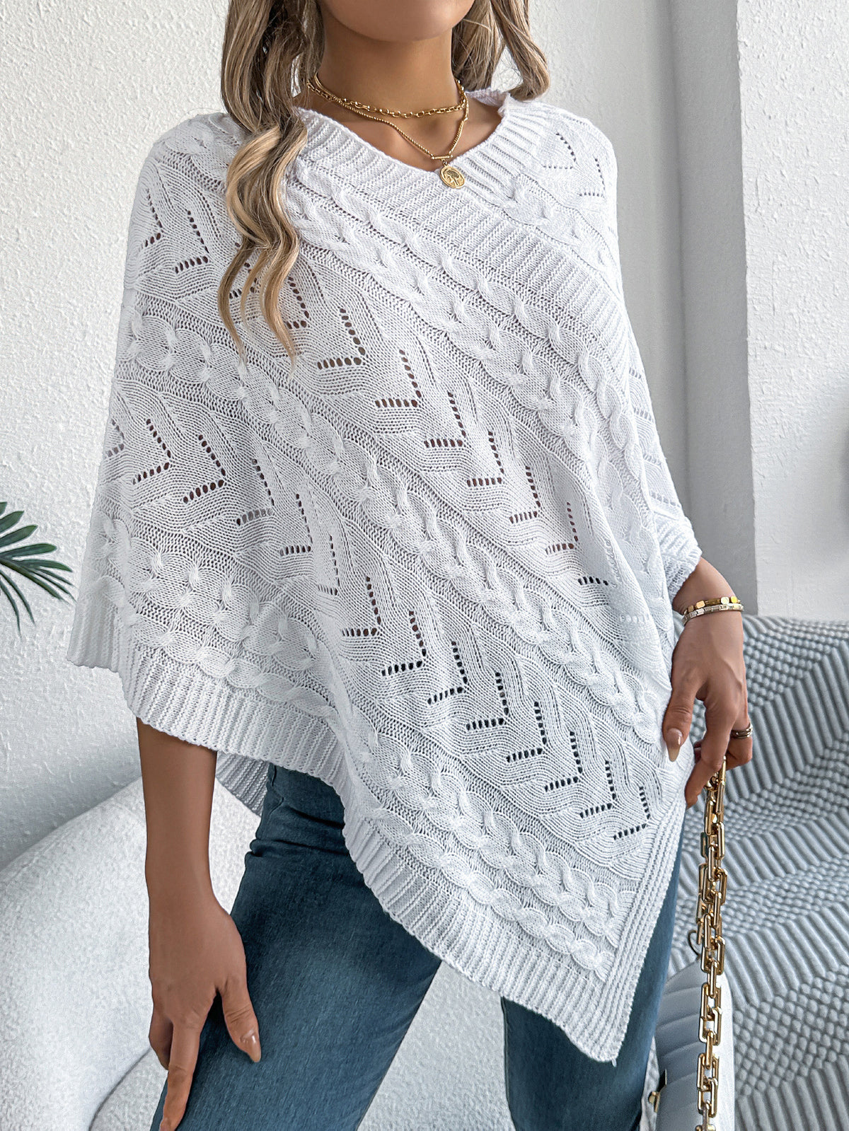 Women's Oversized Cable Knit V-Neck Poncho Sweater