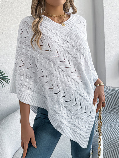 Women's Oversized Cable Knit V-Neck Poncho Sweater