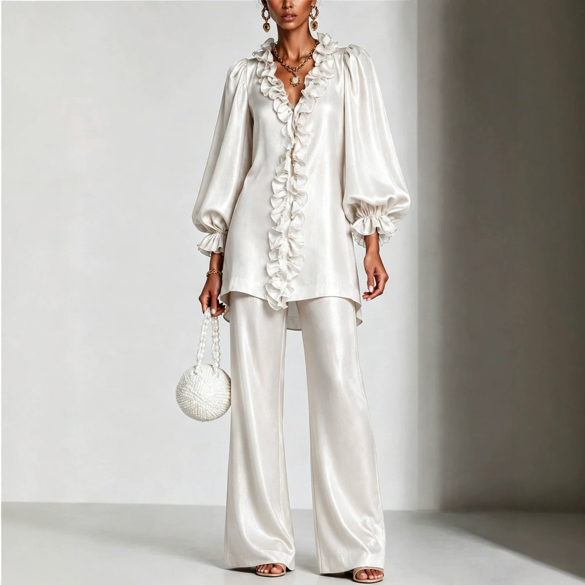 Women's Ruffle V-Neck Puff Sleeve Wide Leg Pants Set