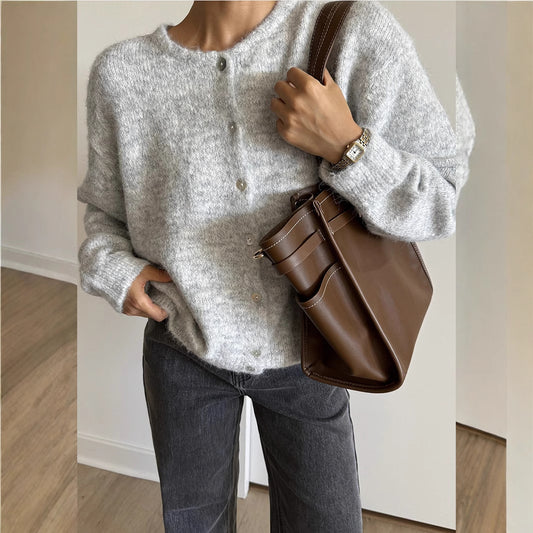 Soft Wool Blend Knit Cardigan Women Button Front Sweater