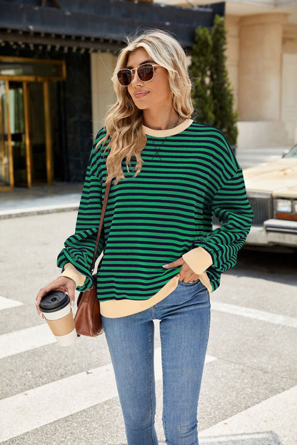 Striped Color Block Crew Neck Loose Fit Long Sleeve Sweatshirt