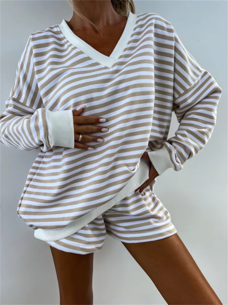 Striped V Neck Shorts Set Resort Lounge Two Piece