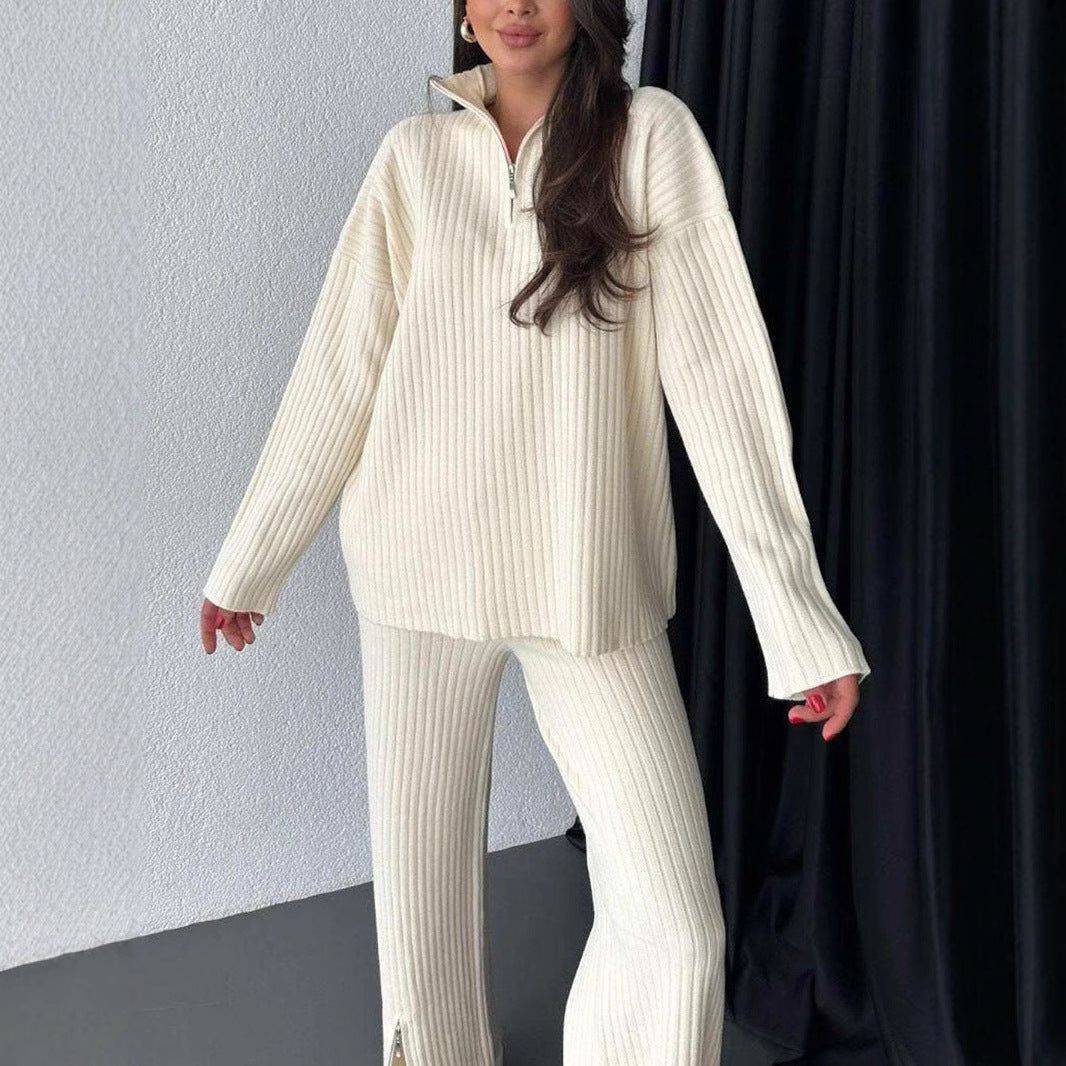 Women's Ribbed Half Zip Knit Lounge Set 2 Piece