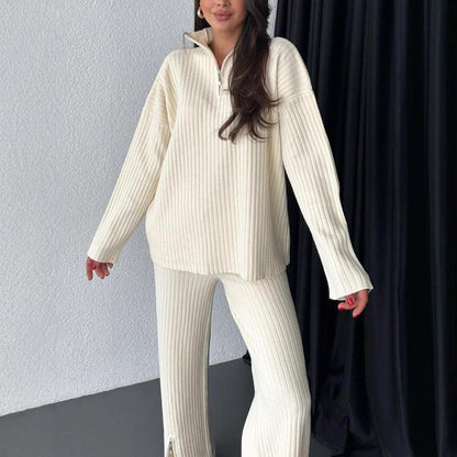 Women's Ribbed Half Zip Knit Lounge Set 2 Piece