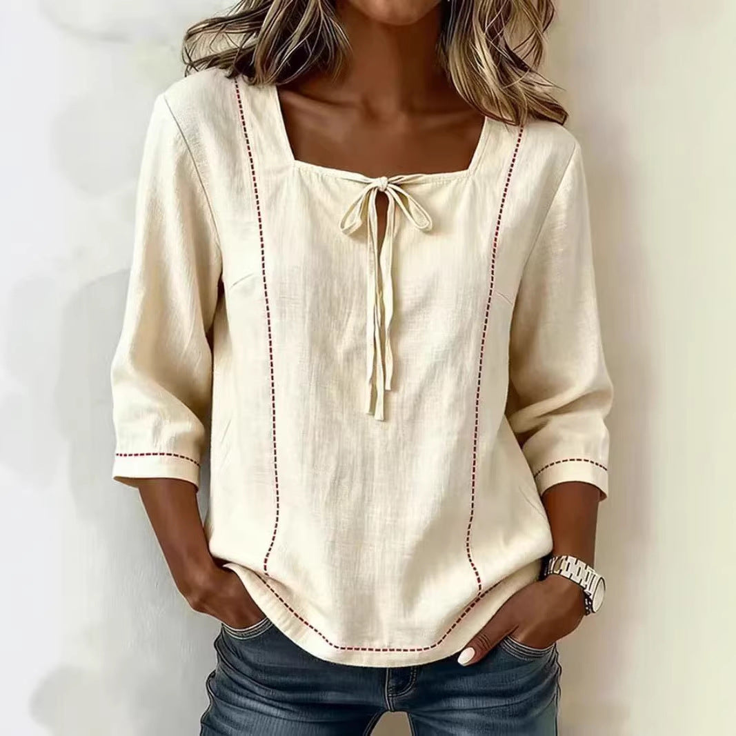Women's Square Neck Tie Front Linen Blend Blouse 3/4 Sleeve