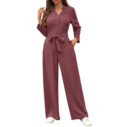 Women's Belted Button Front Long Sleeve Wide Leg Jumpsuit