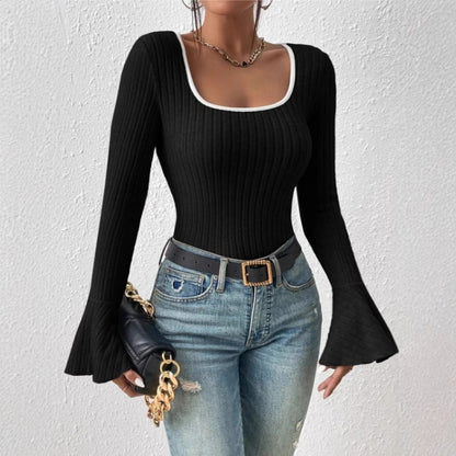 Women's Ribbed Square Neck Bell Sleeve Fitted Top